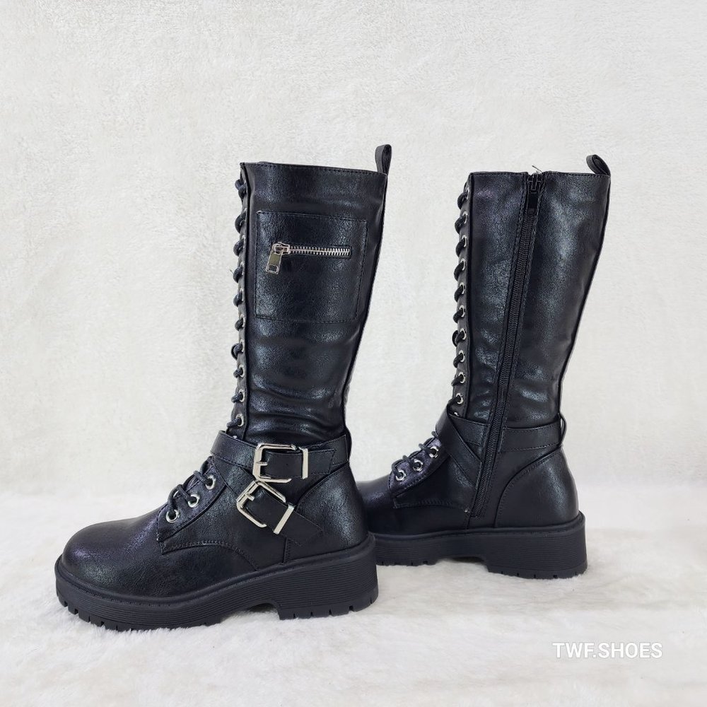 Punky Black Faux Leather Mid Calf Combat Military Boots Zipper Side Pocket